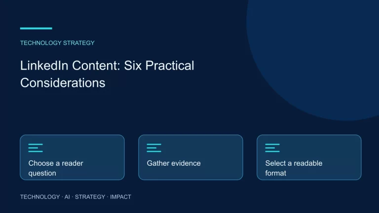 LinkedIn Content: Six Practical Considerations: Choose a reader question, Gather evidence, Select a readable format