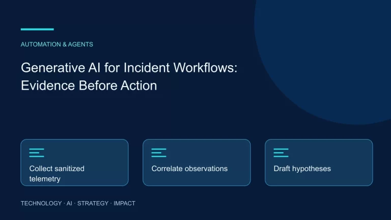 Generative AI for Incident Workflows: Evidence Before Action: Collect sanitized telemetry, Correlate observations, Draft hypotheses