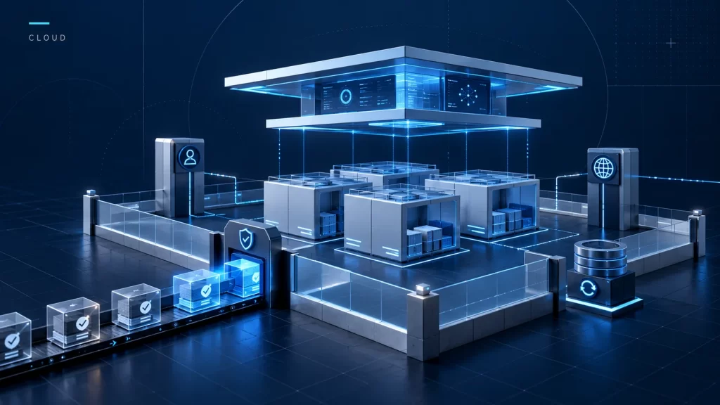 Editorial illustration of a Kubernetes control plane above separate workload modules, with network boundaries and a controlled artifact entry.
