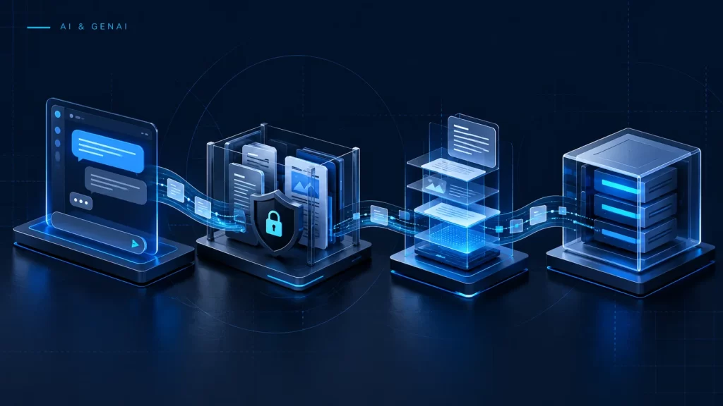 Editorial illustration of distinct interface, authorized knowledge retrieval, context preparation and model-service modules.