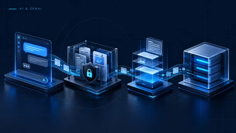 Editorial illustration of distinct interface, authorized knowledge retrieval, context preparation and model-service modules.